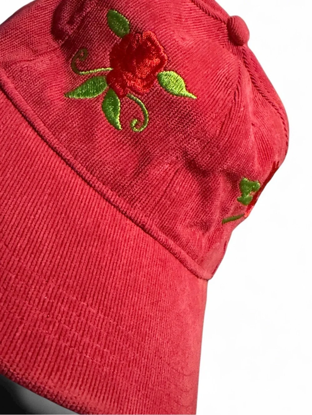 Red/PinkCorduroy Baseball Cap with Embroidered Rose